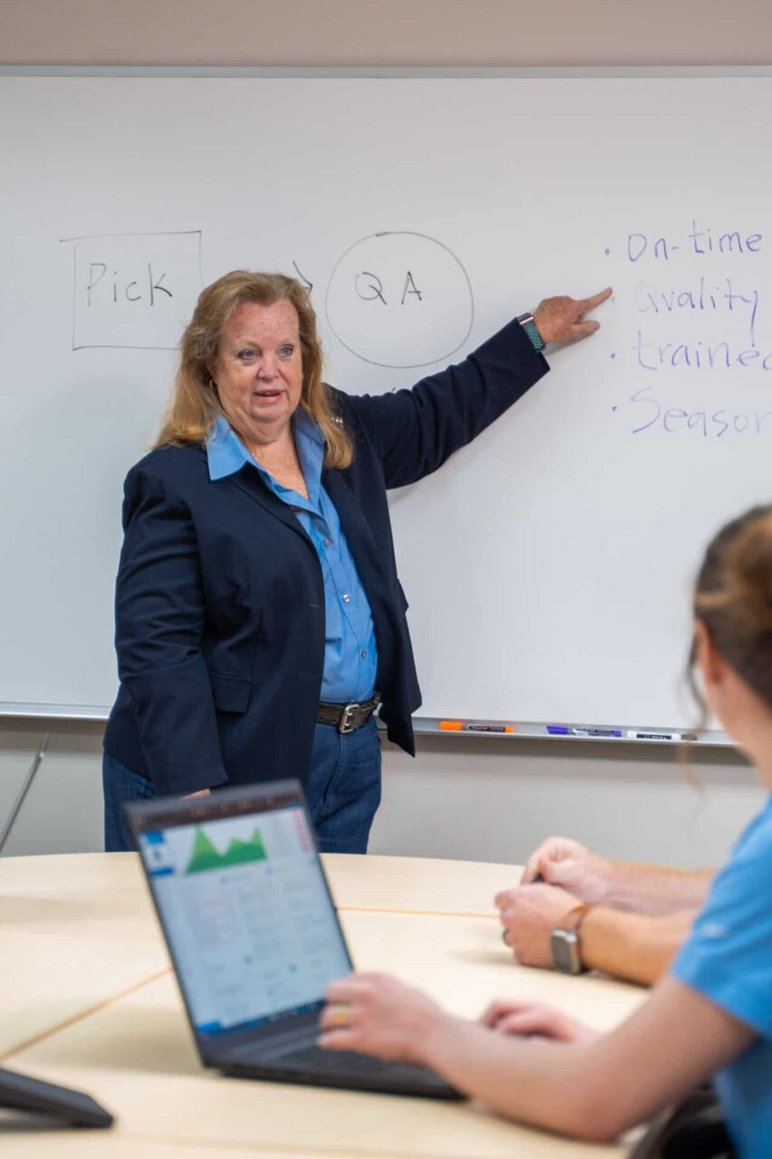 Team leader pointing at whiteboard keywords like "quality" during Asset Enterprises strategy session.